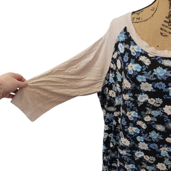 1X Modcloth Fervour 3/4 Sleeve Blue & Tan Floral Raglan T-shirt - Picture 2 of 4